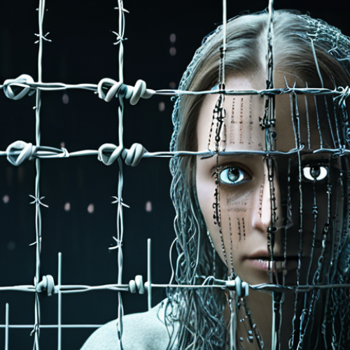 Home 15 **Prompt:** "A digital dystopian landscape, data streams like barbed wire, a blurred face overlaid with binary code, emphasizing data privacy concerns and AI surveillance, muted colors, dramatic lighting, art station."