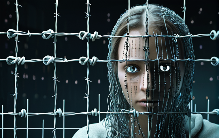 **Prompt:** "A digital dystopian landscape, data streams like barbed wire, a blurred face overlaid with binary code, emphasizing data privacy concerns and AI surveillance, muted colors, dramatic lighting, art station."