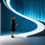 A thoughtful individual, fully clothed in modest, professional attire, standing in a brightly lit, minimalist studio. Around them, abstract concepts materialize as vivid, symbolic forms: a shimmering river representing the "river of time," translucent, crumbling walls depicting "walls of prejudice," and a winding, illuminated path signifying "life's journey." The person gazes contemplatively at these visual metaphors, suggesting deep understanding and the power of language to make the abstract tangible. The scene is rendered with perfect anatomy, correct proportions, natural pose, well-formed hands, and proper finger count. The lighting is soft and artistic, highlighting the symbolic elements. This is a high-quality, professional image, appropriate content, safe for work, and family-friendly.