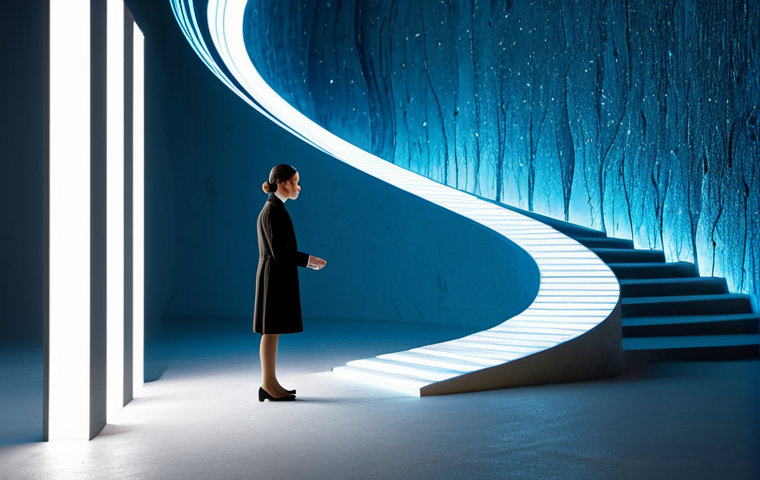 A thoughtful individual, fully clothed in modest, professional attire, standing in a brightly lit, minimalist studio. Around them, abstract concepts materialize as vivid, symbolic forms: a shimmering river representing the "river of time," translucent, crumbling walls depicting "walls of prejudice," and a winding, illuminated path signifying "life's journey." The person gazes contemplatively at these visual metaphors, suggesting deep understanding and the power of language to make the abstract tangible. The scene is rendered with perfect anatomy, correct proportions, natural pose, well-formed hands, and proper finger count. The lighting is soft and artistic, highlighting the symbolic elements. This is a high-quality, professional image, appropriate content, safe for work, and family-friendly.